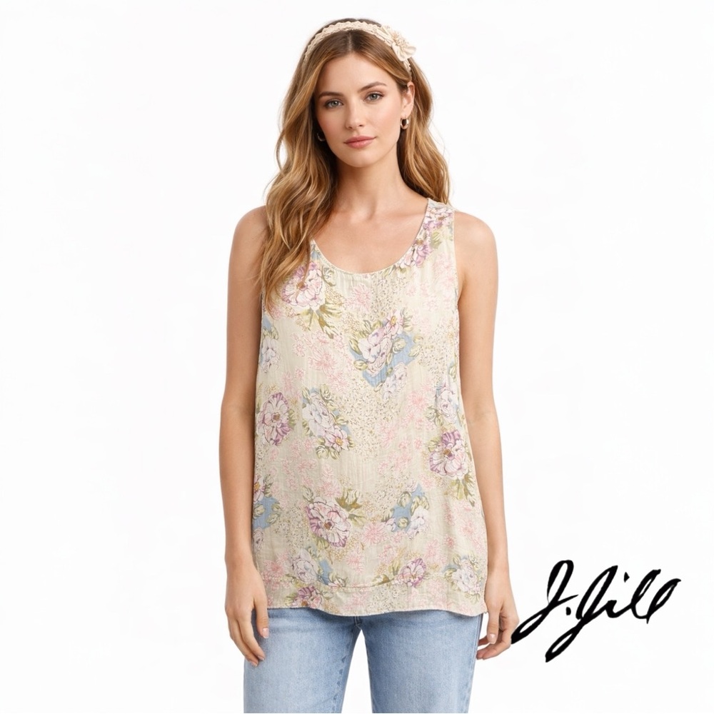 J. Jill Vintage Pastel Floral Tank Top XL Sleeveless Cottagecore Rayon Blouse